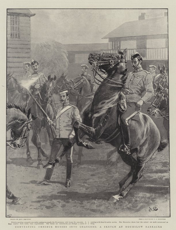 Omnibuspaarden omzetten in rijdieren, een schets bij Hounslow Barracks door John Charlton