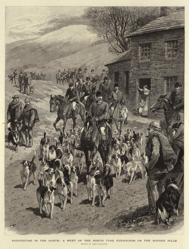 Vossenjacht in het noorden, een ontmoeting van de North Tyne Foxhounds op de Border Hills door John Charlton