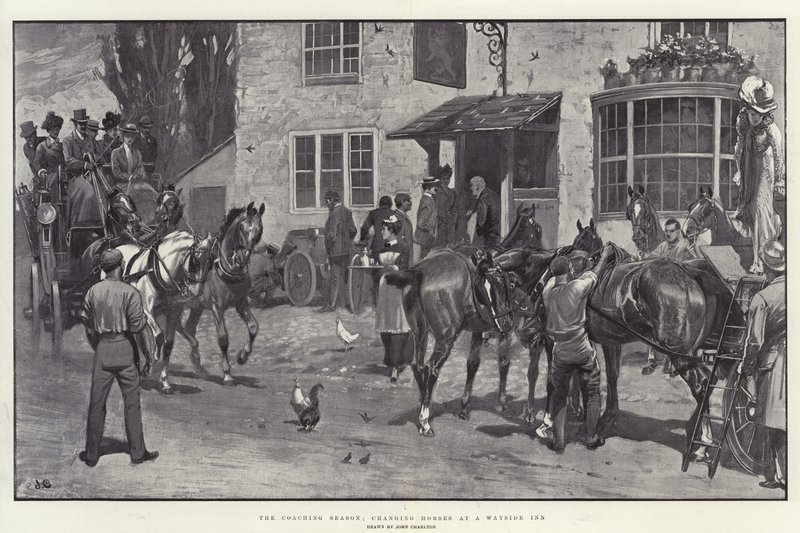 Het Koetseizoen, Paarden Wisselen bij een Herberg langs de Weg door John Charlton