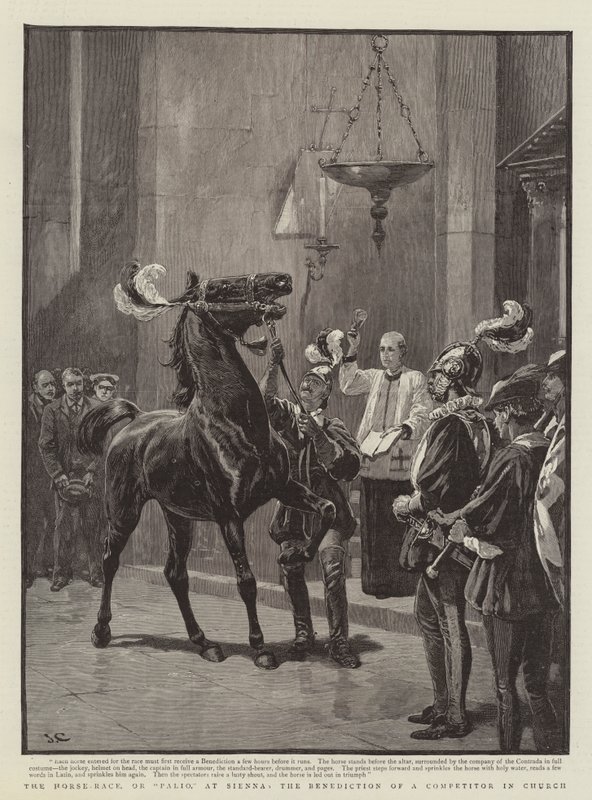 De Paardenrace, of Palio, in Siena, de Zegen van een Deelnemer in de Kerk door John Charlton