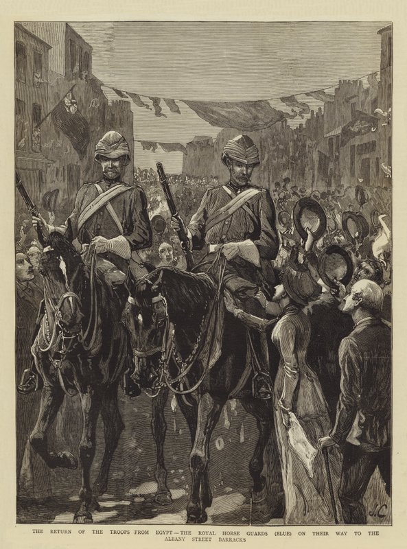 De terugkeer van de troepen uit Egypte, de Royal Horse Guards (Blauw) op weg naar de Albany Street Barracks door John Charlton