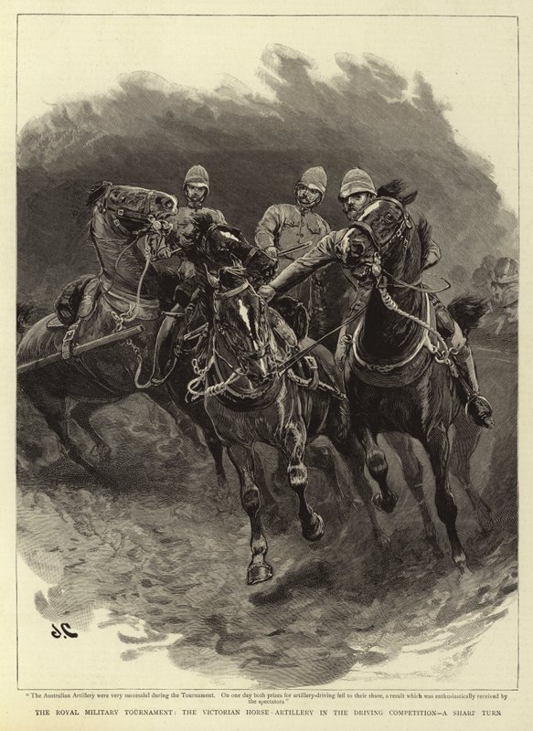 Het koninklijke militaire toernooi, de Victoriaanse paard-artillerie in de rijwedstrijd, een scherpe bocht door John Charlton