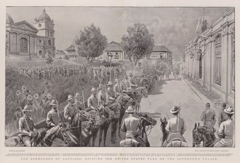 De overgave van Santiago, het hijsen van de Amerikaanse vlag op het paleis van de gouverneur door John Charlton