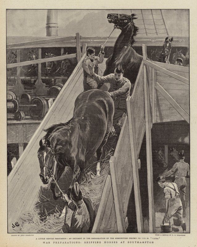 Oorlogsvoorbereidingen, het verschepen van Paarden in Southampton door John Charlton