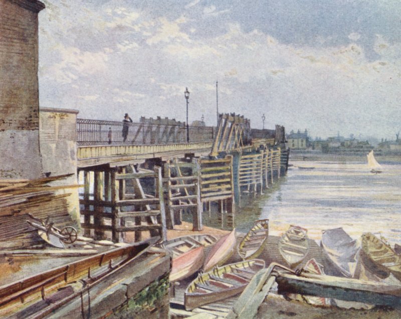 Verloren Londen: Oude Battersea-brug, vanaf de noordelijke oever door John Crowther