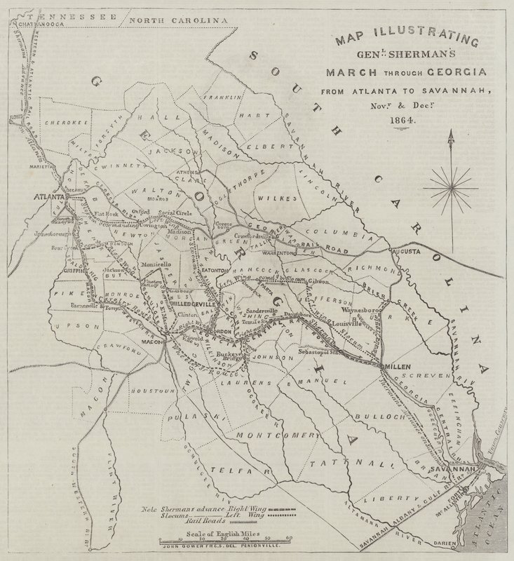 Kaart die de mars van generaal Sherman door Georgia van Atlanta naar Savannah illustreert, november en december 1864 door John Dower