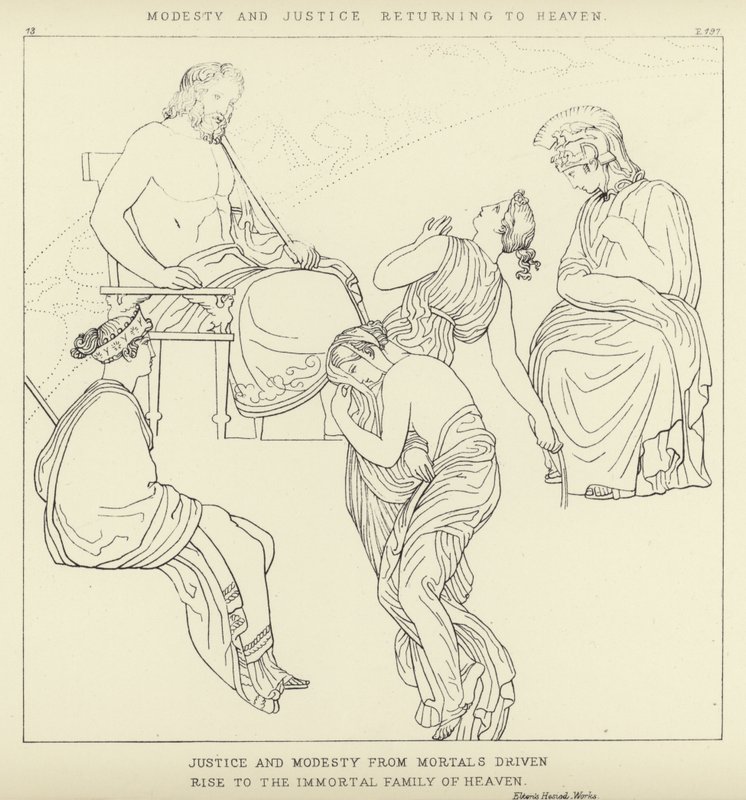 Bescheidenheid en Rechtvaardigheid keren terug naar de Hemel door John Flaxman