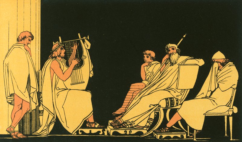Ulysses huilt bij het lied van Demodocus door John Flaxman
