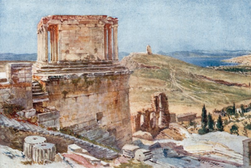 De bastion en tempel van Wingless Victory gezien vanaf de beklimming naar de Propylaea door John Fulleylove