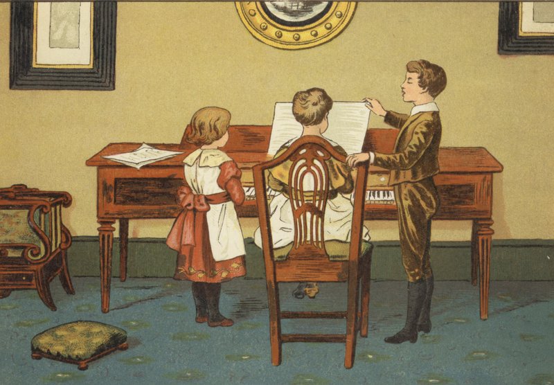 Kinderen repeteren aan de piano door John George (after) Sowerby