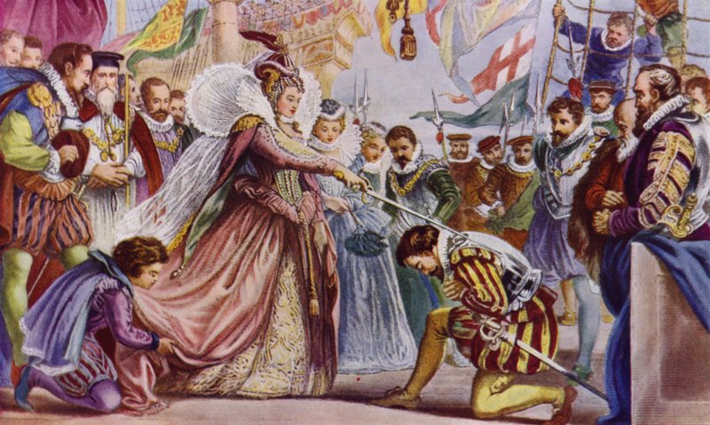 Koningin Elizabeth I riddert Sir Francis Drake aan boord van zijn schip, de Golden Hind, Deptford, 1581 door John Gilbert