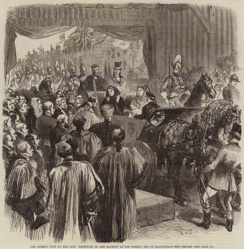 Het bezoek van de koningin aan de stad, ontvangst van Hare Majesteit aan het Surrey-einde van de nieuwe Blackfriars-brug door John Gilbert