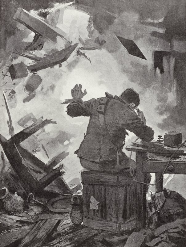 Bombardier W H French die zijn bericht afmaakt nadat een granaat door de kamer was gekomen waarin hij telefoneerde, Helpegarde, Eerste Wereldoorlog door John Harris Valda