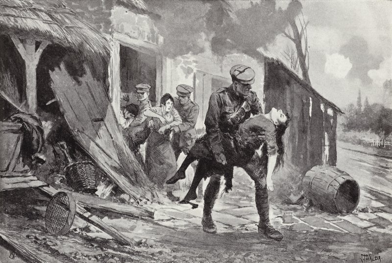 Kanonier J Rafferty draagt een gewonde vrouw naar veiligheid vanuit een boerderij die werd beschoten, Eerste Wereldoorlog door John Harris Valda