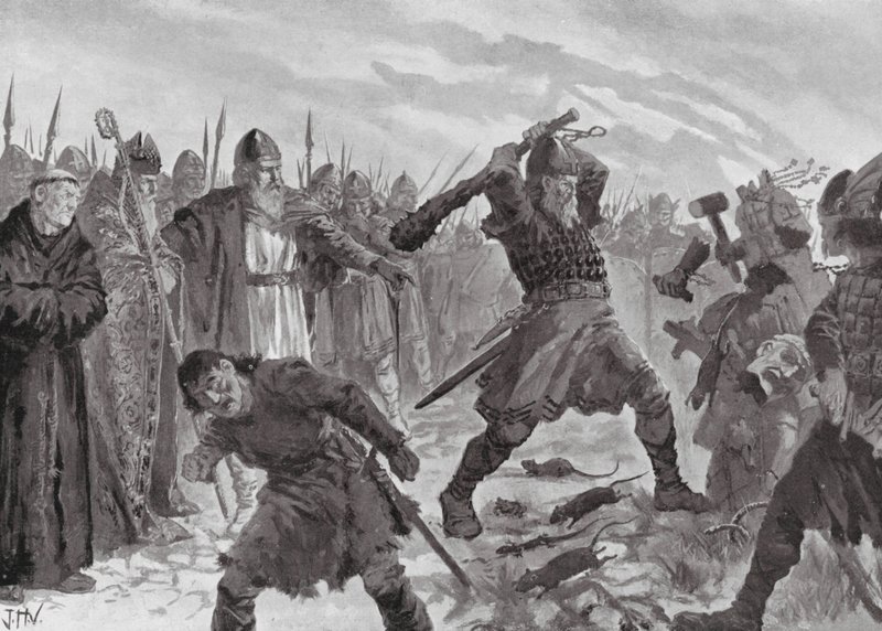 Koning Olav de Heilige breekt het beeld van de god Mor door John Harris Valda