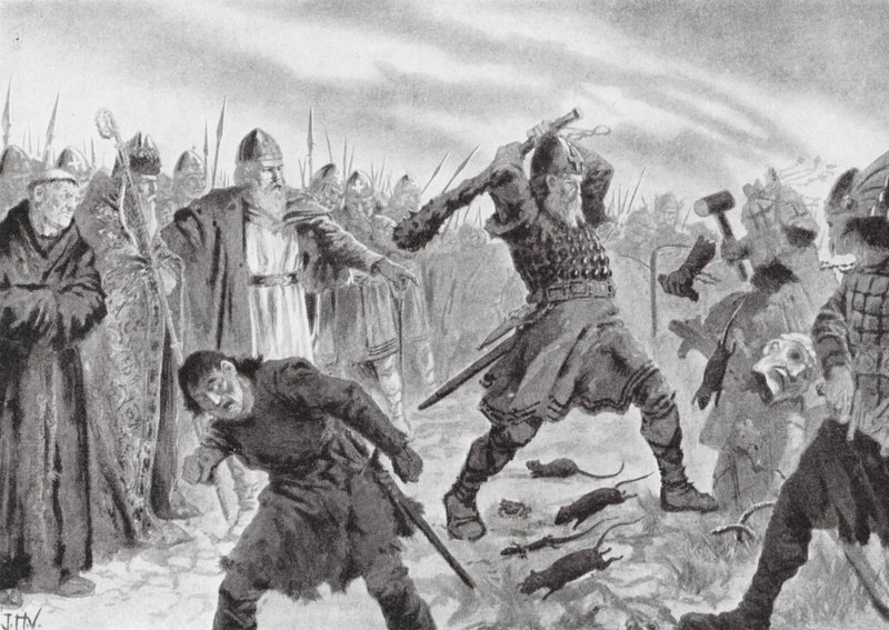 Koning Olav de Heilige breekt het beeld van de god Mor door John Harris Valda
