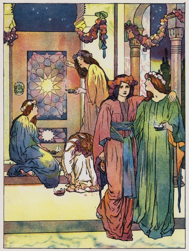 De meisjes staan op en trimmen hun lampen (kleur litho) door John Hassall