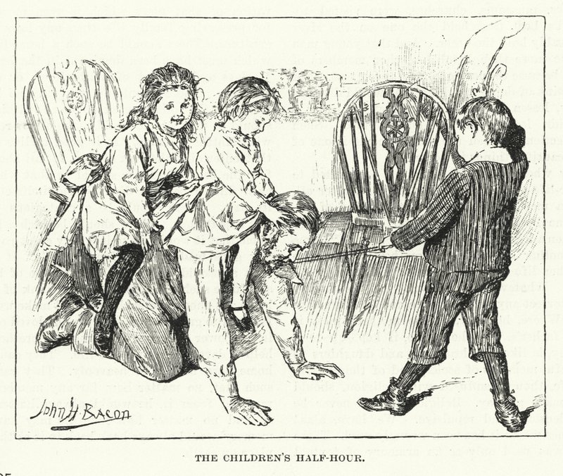 Het halfuurtje van de kinderen - spelen met hun vader (gravure) door John Henry Frederick (after) Bacon