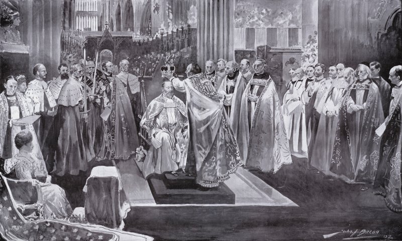 De kroning van koning Edward VII door de aartsbisschop van Canterbury, Westminster Abbey, Londen, 1902 door John Henry Frederick Bacon