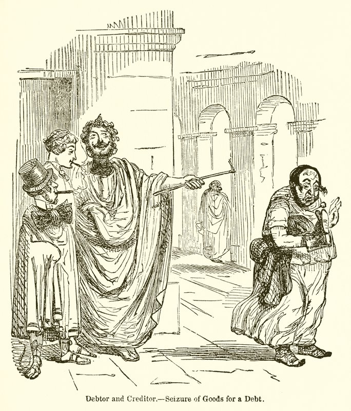 Schuldenaar en schuldeiser.--Inbeslagname van goederen voor een schuld door John Leech