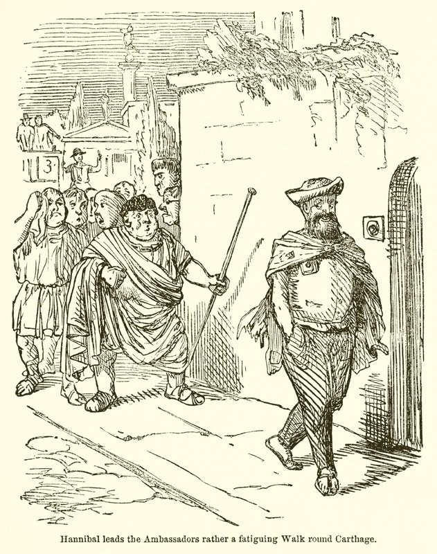 Hannibal leidt de ambassadeurs een vermoeiende wandeling rond Carthago door John Leech