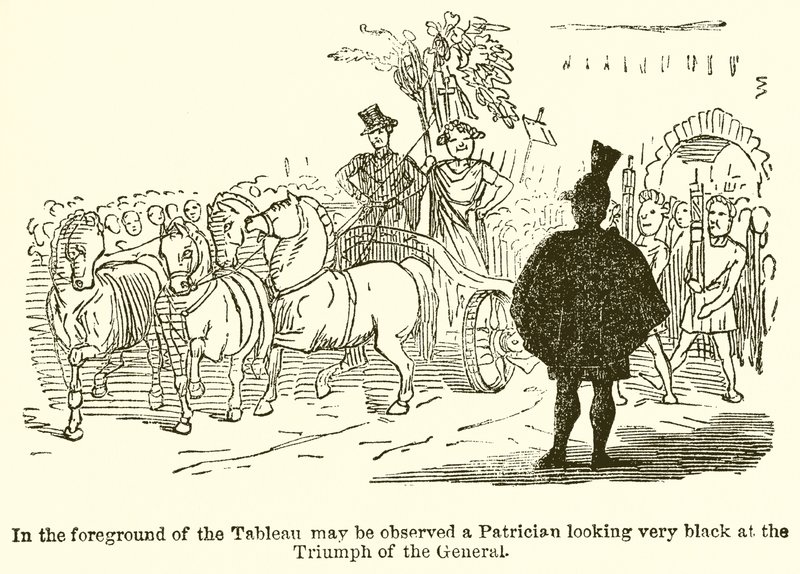 Op de voorgrond van het tableau is een patriciër te zien die erg zwart kijkt naar de triomf van de generaal door John Leech