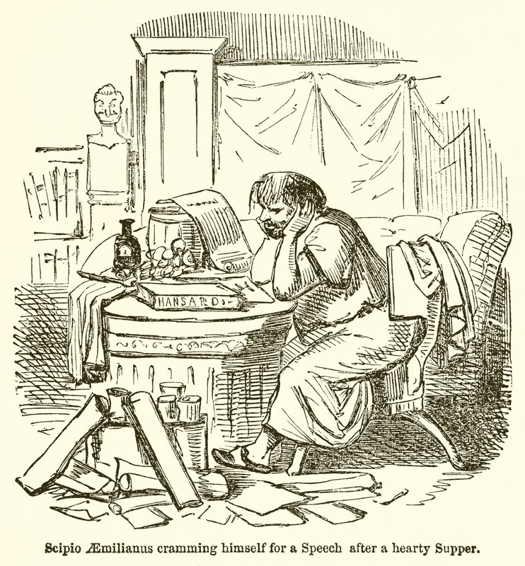 Scipio Aemilianus die zich volpropt voor een toespraak na een stevige maaltijd door John Leech