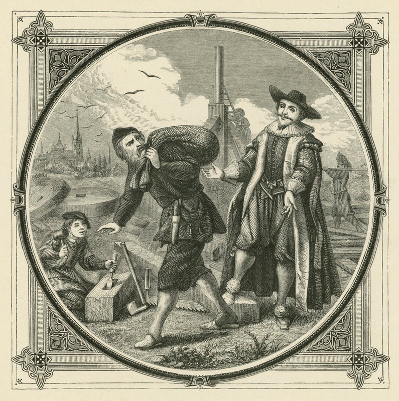Een hele molen om een schepje graan te malen (gravure) door John Leighton