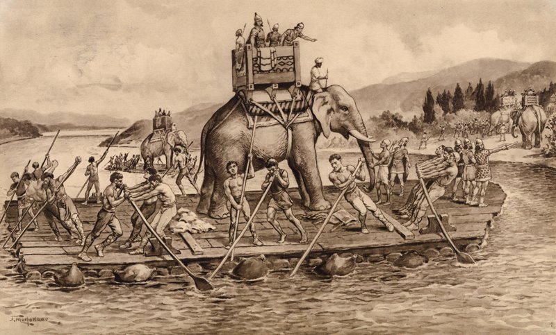 Hannibal steekt de rivier de Rhône over door John Macfarlane