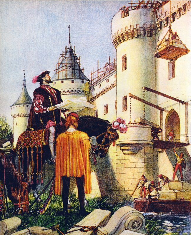 Koning Frans I van Frankrijk, houdt toezicht op de bouw van kastelen (kleurenlitho) door John Millar Watt