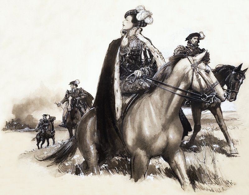 Ongeïdentificeerde koningin verlaat rokende stad onder escorte door John Millar Watt