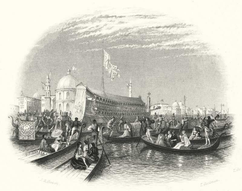 Het huwelijk van de zee. De praalwagen van de Doge en gondels op het water in Venetië door John Rogers (after) Herbert