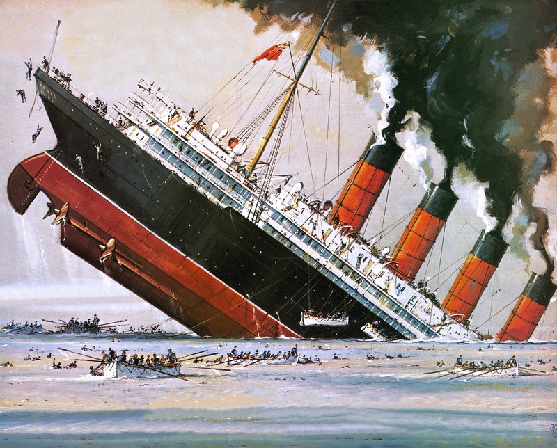 Schipbreuk van de Lusitania in mei 1915 (litho) door John S. Smith