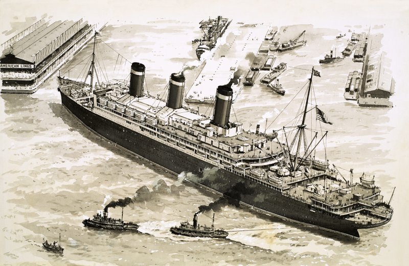 Het stoomschip Leviathan wordt door sleepboten naar een pier in de haven van New York gesleept door John S. Smith