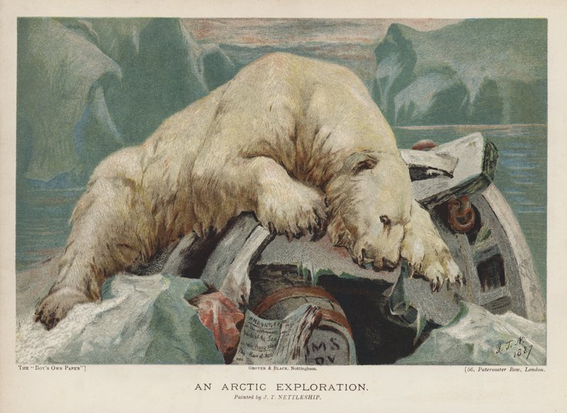Een Arctische expeditie: een ijsbeer onderzoekt items van een Arctische expeditie door John Trivett Nettleship