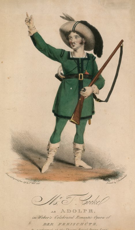 De heer T Cooke als Adolph in Webers beroemde romantische opera Der Freischutz uitgevoerd in het Theatre Royal Drury Lane door John W. Gear