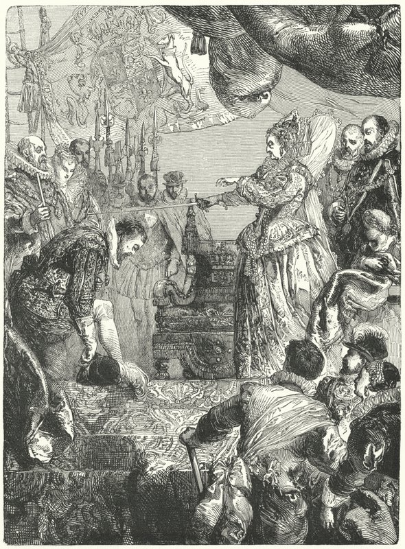 Sir Francis Drake ontvangt zijn ridderslag van Koningin Elizabeth I, 1581 door John after Gilbert