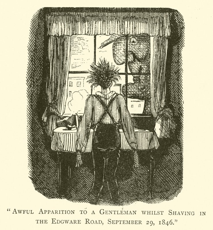 Vreselijke verschijning aan een heer tijdens het scheren in de Edgware Road, 29 september 1846 door John after Leech
