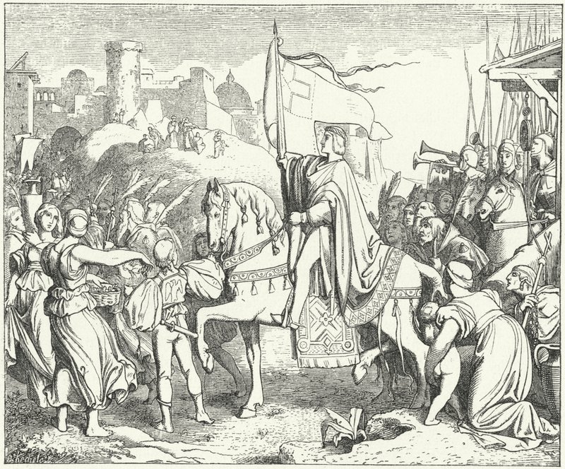 De Heilige Roomse Keizer Frederik II betreedt Jeruzalem, Zesde Kruistocht door Josef Mathias (after) Trenkwald