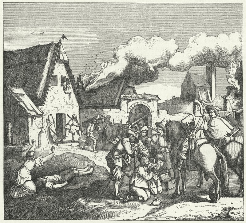 Keizerlijke troepen plunderen na de Slag bij Nordlingen, 1634 door Josef Mathias Trenkwald