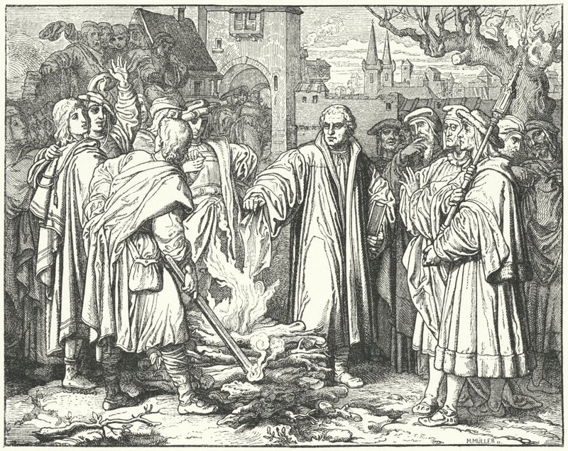 Maarten Luther verbrandt de pauselijke bul in Wittenberg, 1520 door Josef Mathias Trenkwald