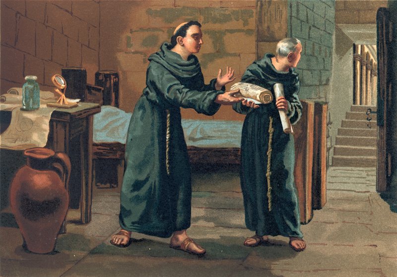 Roger Bacon stuurt zijn Magnum Opus naar de Paus door Josep or Jose Planella Coromina