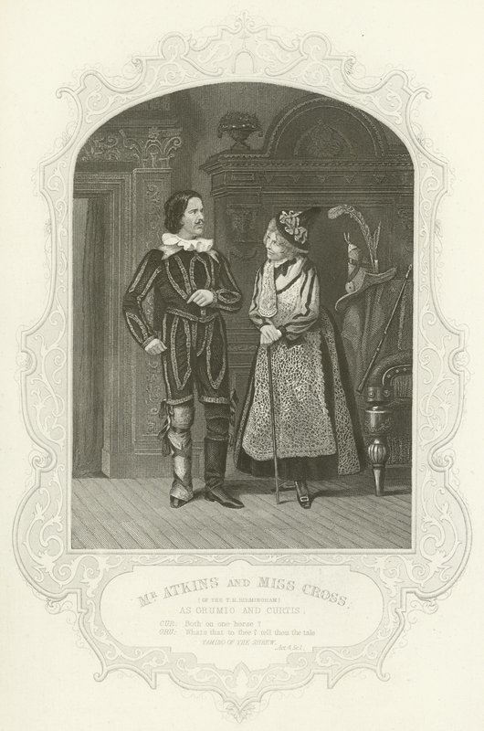 Mr Atkins en Miss Cross (van de T R Birmingham) als Grumio en Curtis, De getemde feeks door Joseph Kenny Meadows