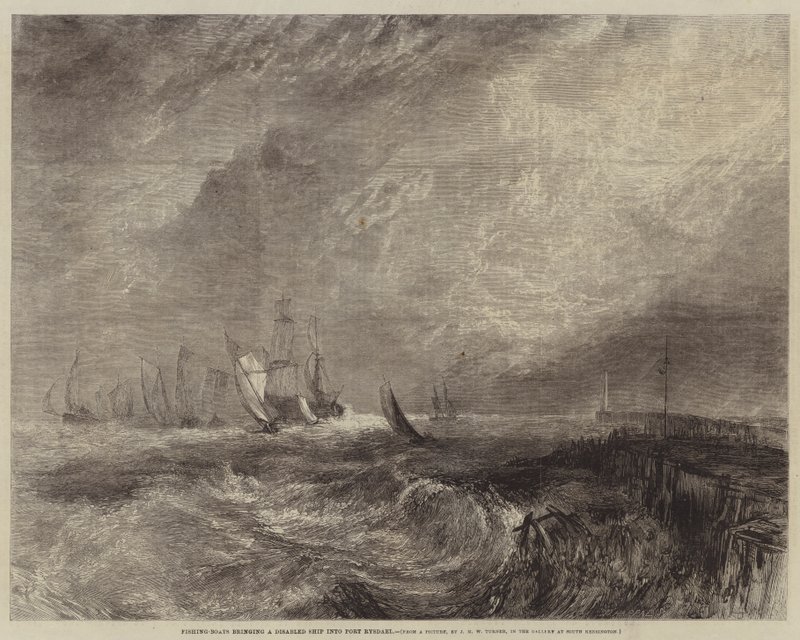 Vissersboten brengen een beschadigd schip de haven van Rysdael binnen door Joseph Mallord William Turner