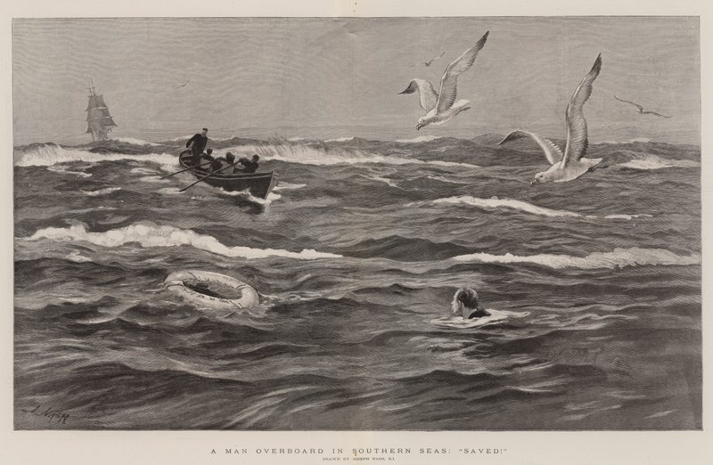 Een man overboord in de zuidelijke zeeën, gered! door Joseph Nash
