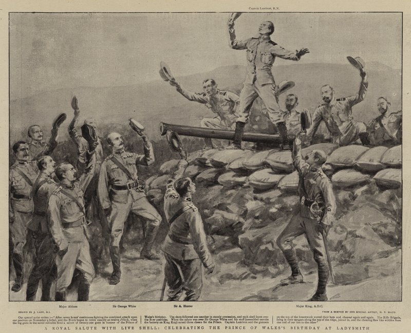 Een koninklijk saluut met echte granaten, ter viering van de verjaardag van de Prins van Wales in Ladysmith door Joseph Nash