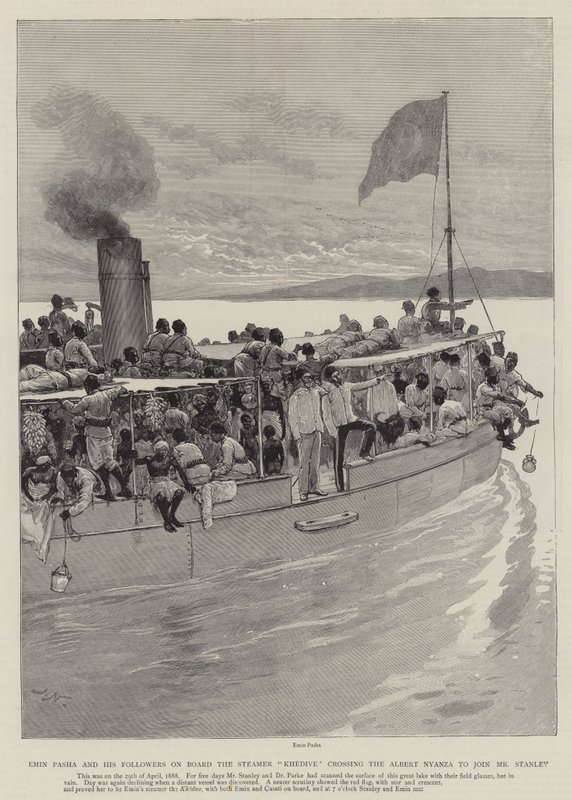 Emin Pasha en zijn Volgelingen aan Boord van de Stoomboot Khedive die de Albert Nyanza oversteken om zich bij Mr. Stanley te voegen door Joseph Nash