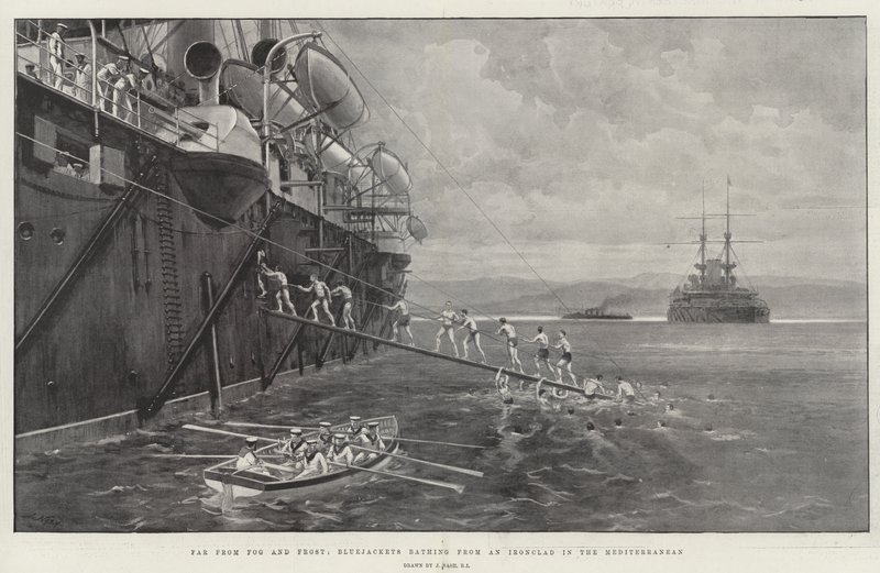 Ver van Mist en Vorst, Bluejackets baden van een Pantserkruiser in de Middellandse Zee door Joseph Nash