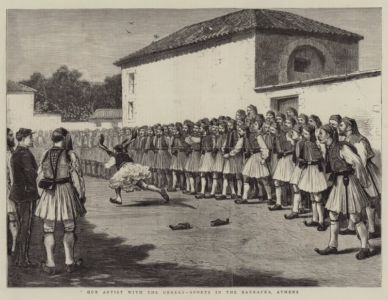 Onze kunstenaar met de Grieken, sporten in de kazerne, Athene door Joseph Nash