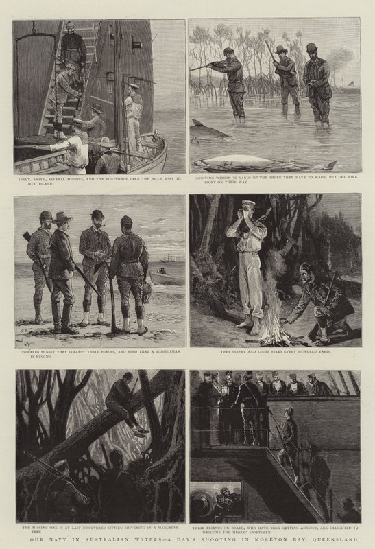 Onze marine in Australische wateren, een dag jagen in Moreton Bay, Queensland door Joseph Nash